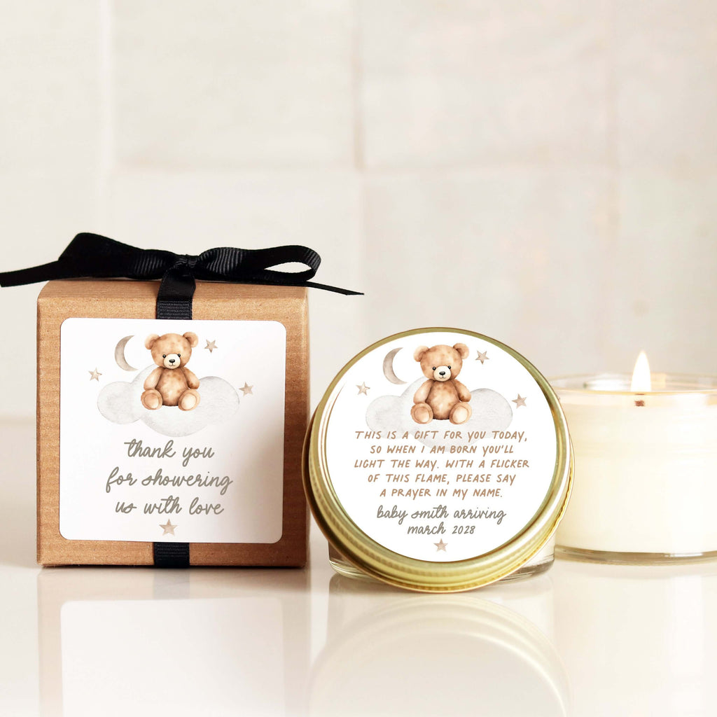 Personalized teddy bear candle favor with prayer poem and rustic gift box for baby shower celebration.