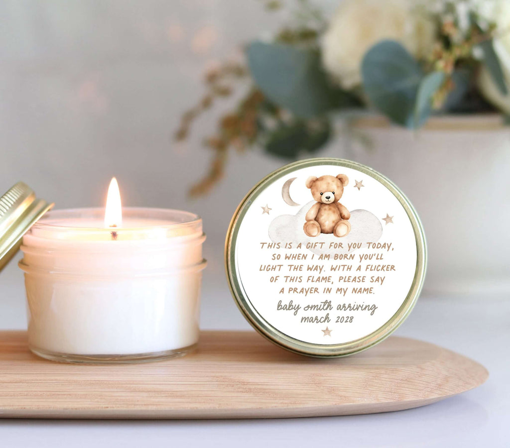 Personalized teddy bear baby shower favor candle with prayer poem, eco-friendly, light up the celebration.