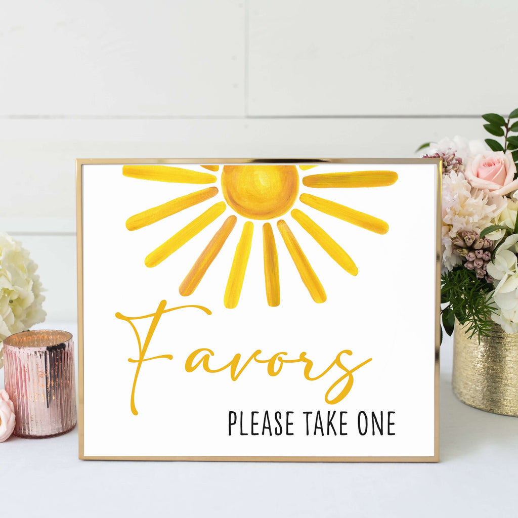 Sunshine-themed favor sign for baby shower, featuring sun illustration and inviting guests to take favors.