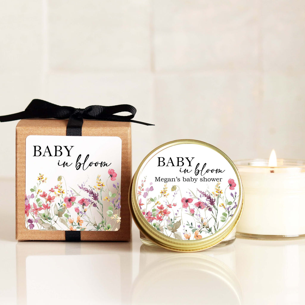 Eco-friendly Baby in Bloom wildflower candle favors for baby shower, personalized with custom label design.