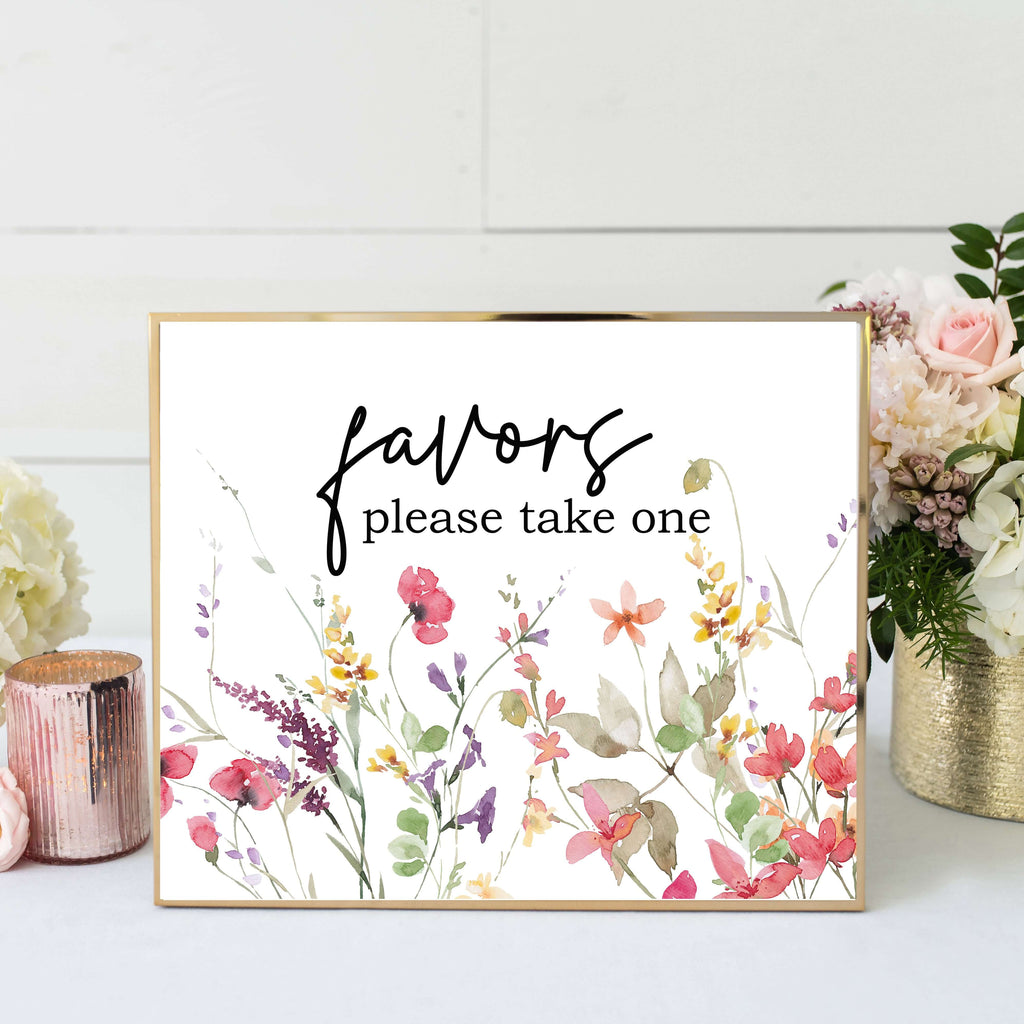 Decorative sign for baby shower favors with floral design and text 'please take one'.