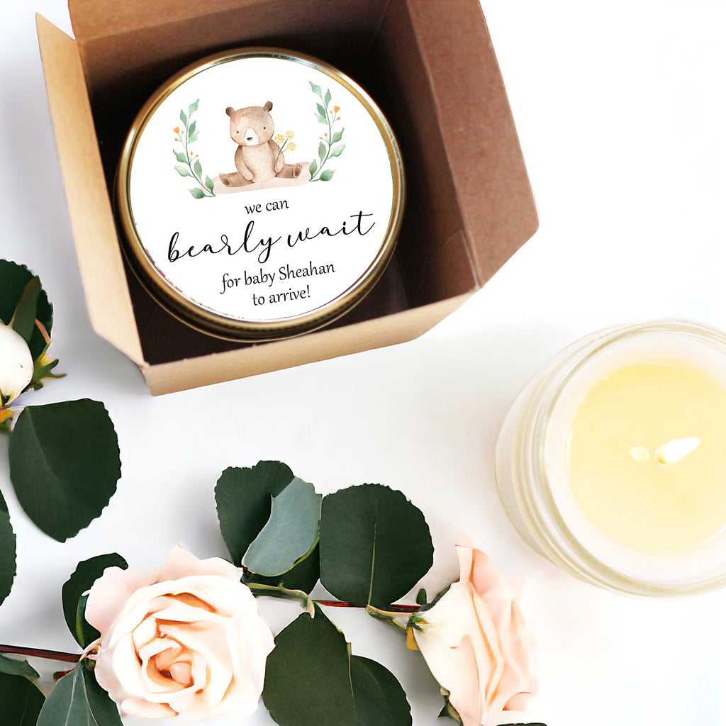 We Can Bearly Wait Baby Shower Favor Candle with adorable bear label and floral design.