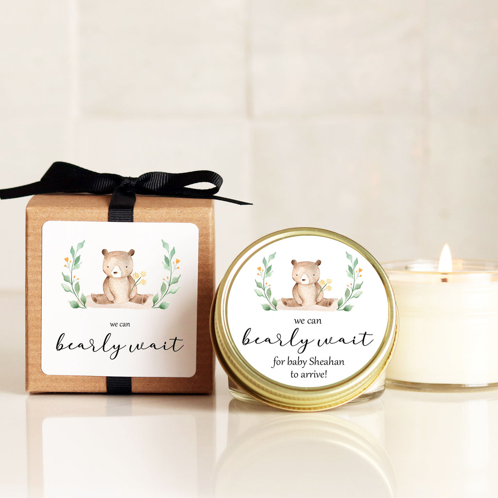 We Can Bearly Wait Baby Shower Favor Candles with cute bear labels and packaging for personalized favors.