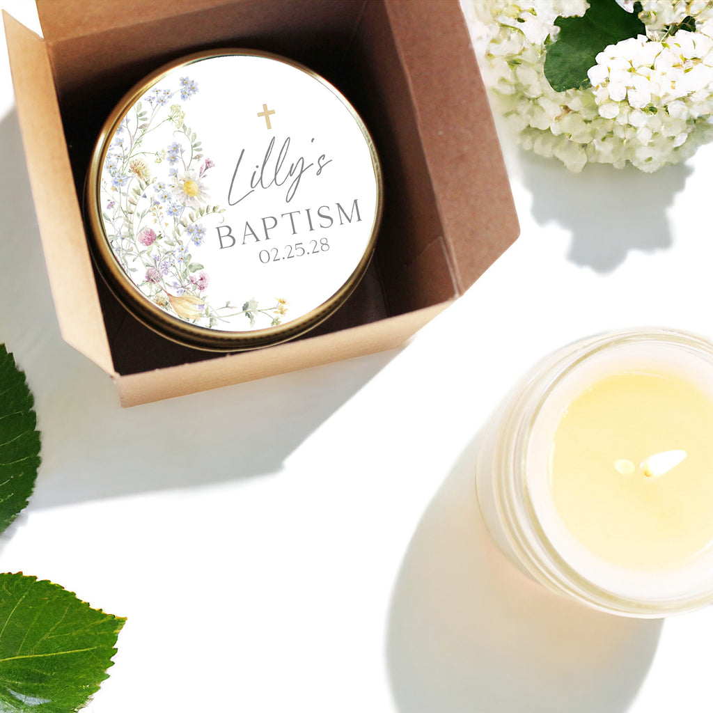 Personalized baptism candle favors in a box with wildflower label, perfect for eco-friendly favors.